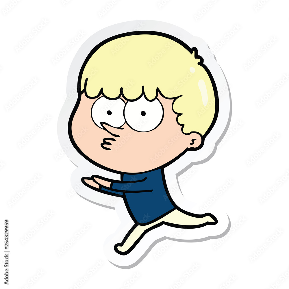 sticker of a cartoon curious boy running
