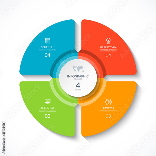 Vector infographic circle. Cycle diagram with 4 options. Round chart that can be used for report, business presentation, data visualization.