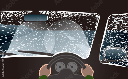 吹雪の天候でヘッドライトをハイビームにして運転　