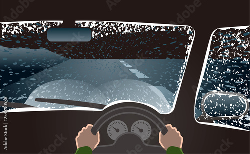 吹雪の天候でヘッドライトをロービームにして運転　