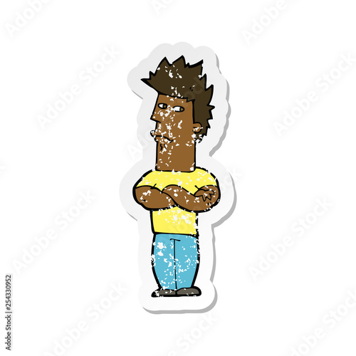 retro distressed sticker of a cartoon man sulking