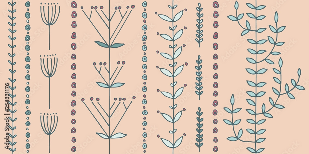Seamless vector pattern with original plants and flowers vertically directed 