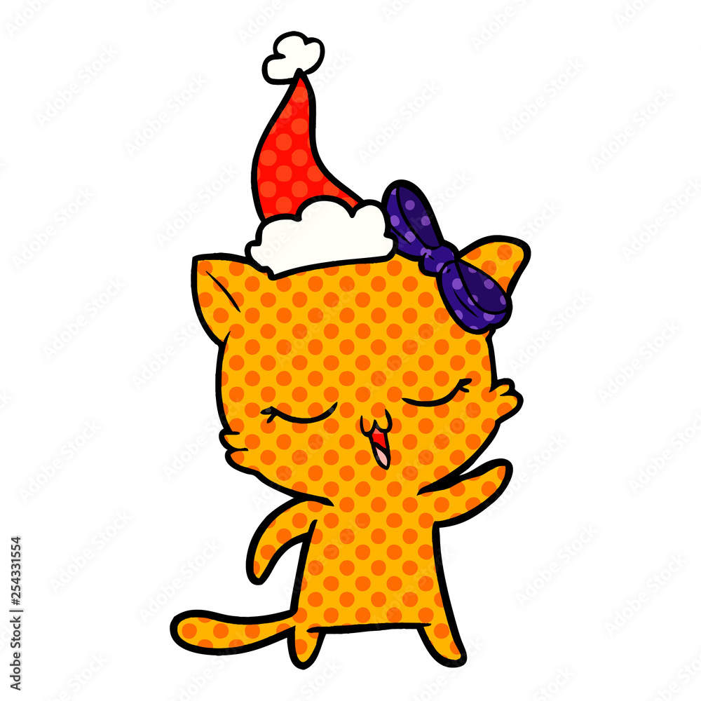 comic book style illustration of a cat with bow on head wearing santa hat