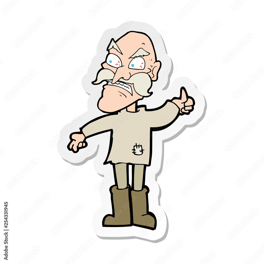 sticker of a cartoon angry old man in patched clothing