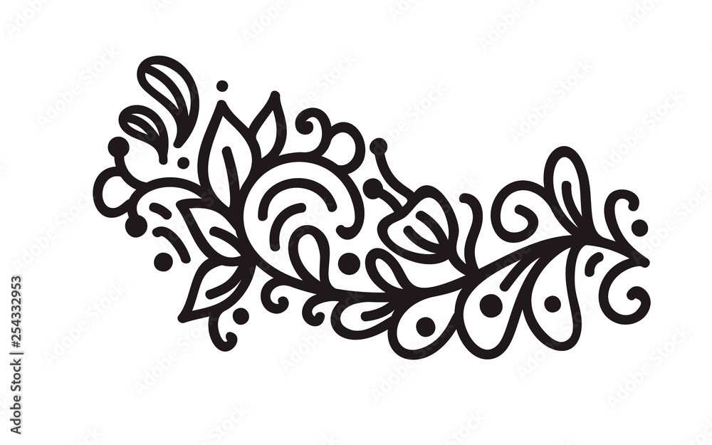Black monoline flourish scandinavian monogram vector with leaves and flowers. Vintage corners and dividers for Valentines Day, wedding, birthday greeting card, book, web design Black monoline flourish scandinavian monogram vector with leaves and flowers. Vintage corners and dividers for Valentines Day, wedding, birthday greeting card, book, web design