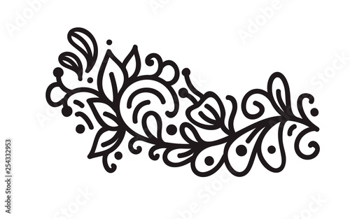 Black monoline flourish scandinavian monogram vector with leaves and flowers. Vintage corners and dividers for Valentines Day, wedding, birthday greeting card, book, web design