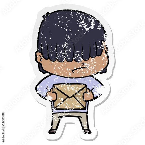 distressed sticker of a cartoon boy with untidy hair