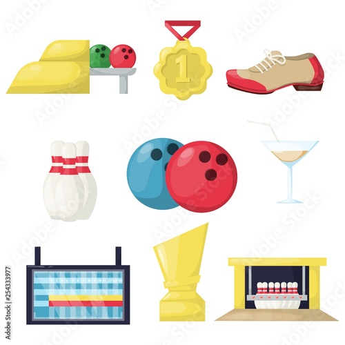 Bowling leisure hobby activity equipmen vector illustration. Family indoor game sport fun target skittle alley. Party team tournament success strike pins.