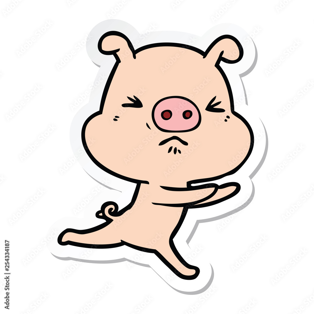 sticker of a cartoon annoyed pig running