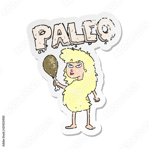 retro distressed sticker of a cartoon woman on paleo diet