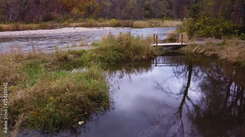 Drone footage over a fallen log in a calm pond beside a fast-moving river in a forest. photo