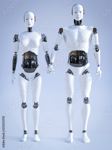 3D rendering of male and female robot holding hands.