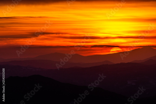 Beautiful sunset over mountains layers in Umbria  Italy 