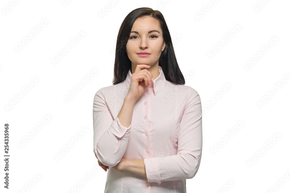 Confident young business woman in pink shirt on white isolated background Confident young business woman in pink shirt on white isolated background