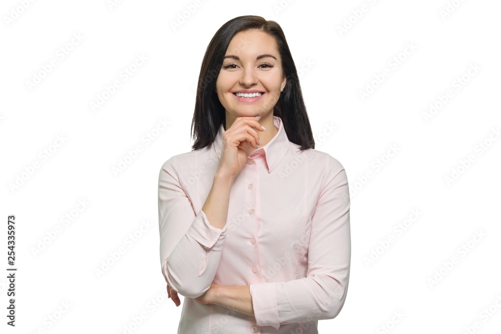 Portrait of young confident smiling woman in with folded hands on white isolated background Portrait of young confident smiling woman in with folded hands on white isolated background