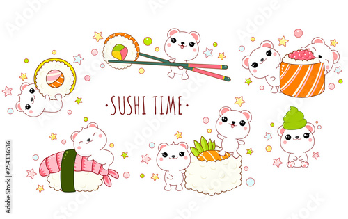 Cute polar bears with japanese sushi and rolls