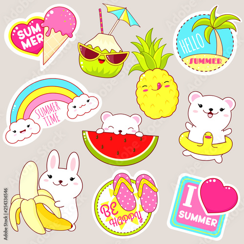 Set of cute summer stickers in kawaii style