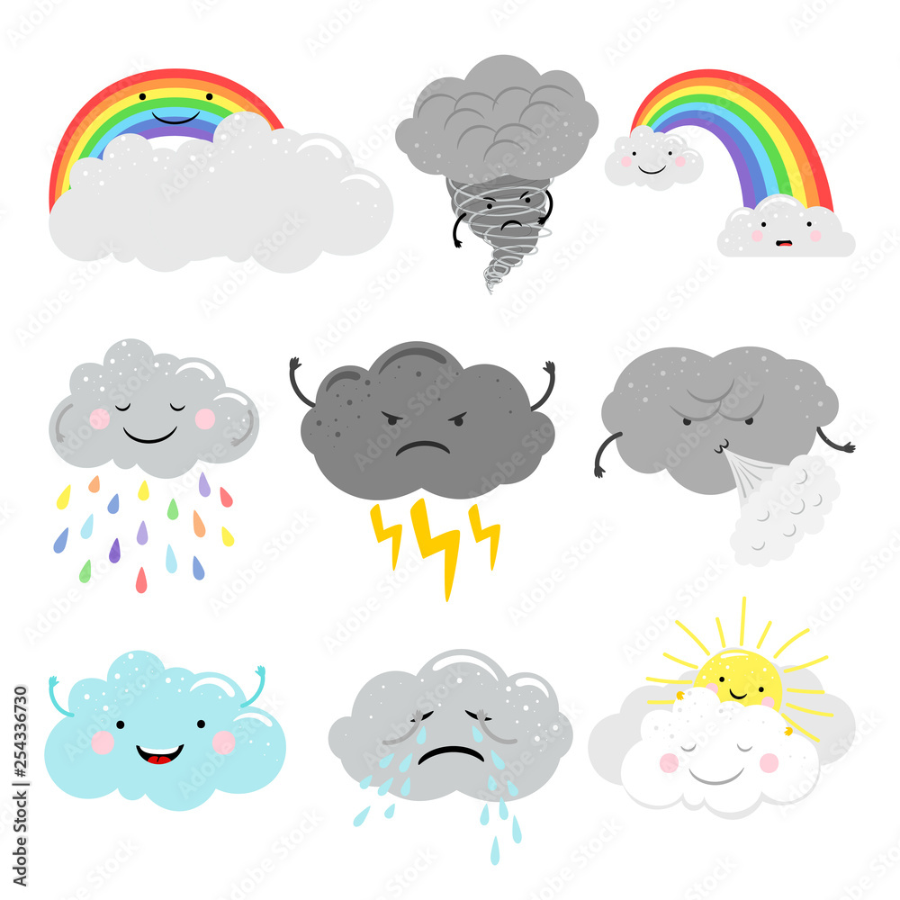 Cute cartoon characters vector weather icons set with emotional clouds