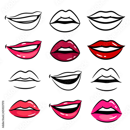 Photo Colorful and line female lips vector set on white background