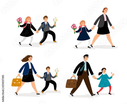 People go to school. Parents lead their children to school flat vector, cartoons kid with mom and dad going to study, first september