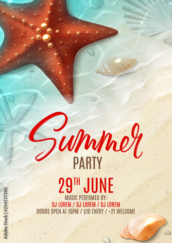 Summer party flyer template. Holiday background with realistic seashells and starfishes on beach in sea water. Vector illustration with invitation to nightclub.