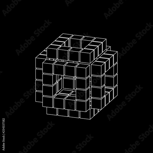 Abstract 3d cube from cubes. Dimetric projection. Vector outline illustration.
