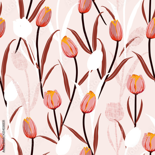 Sweet mood of hand drawn sketch tulip flowers silhouette and hand line  seamless pattern vector design for fashion,fabric,wallpaper and all prints