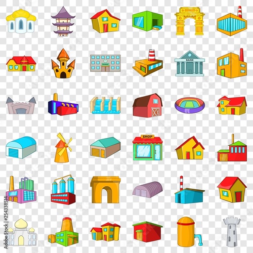 City building icons set. Cartoon style of 36 city building vector icons for web for any design