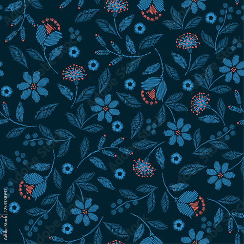 Hand stitch Embroidery seamless pattern with beautiful wild flowers delicate vector print  illustration design for fashion ,fabric,wallpaper,cover,web, and all prints