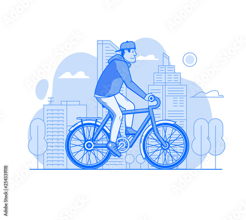 Young man on bicycle driving on modern city background. Cyclist guy riding bike on the road. City bike service concept. Bicyclist driving on downtown. Line art illustration with editable stroke.