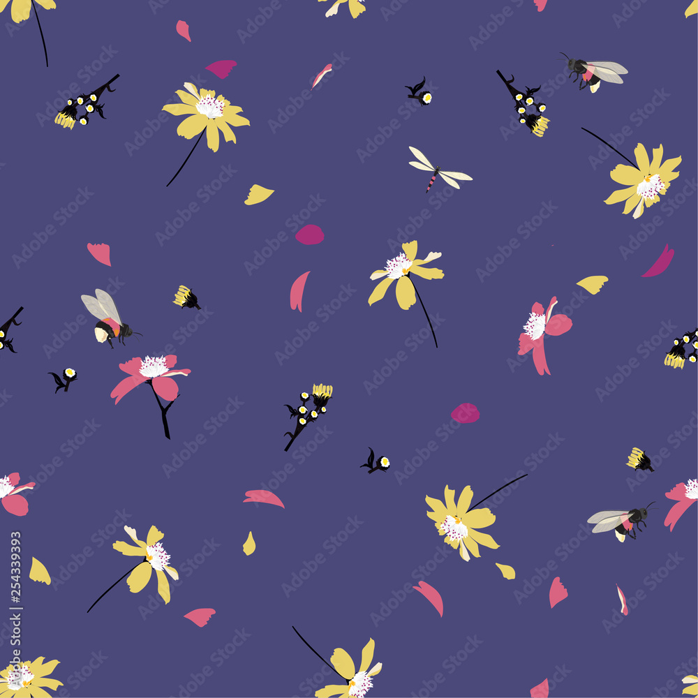 Colorful pretty daisy floral print  blowing in the wind design with bumble bees seamless pattern in vector for fashion ,fabric ,wallpaper and all prints