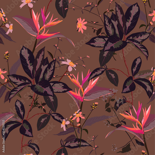 Beautiful exotic tropical summer forest seamless pattern in vector design for fashion,fabric,wallpaper,web and all prints on stylish brown