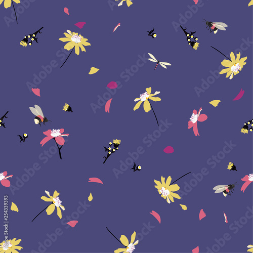 Colorful pretty daisy floral print blowing in the wind design with bumble bees seamless pattern in vector for fashion ,fabric ,wallpaper and all prints