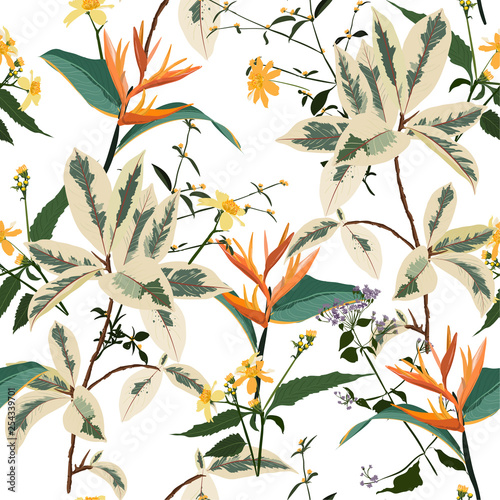 Vintage vector seamless beautiful artistic bright tropical pattern with exotic forest. Colorful original stylish floral background print,