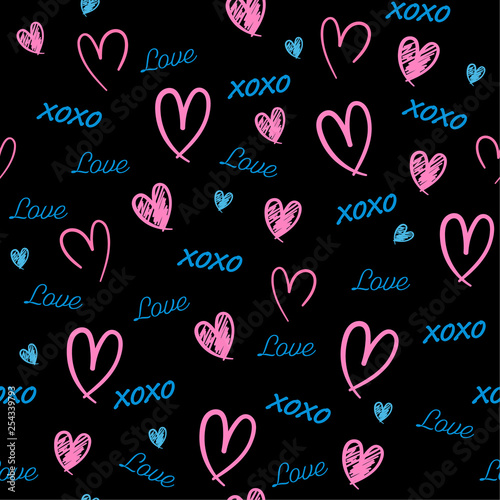 Beautiful Hand drawn Seamless pattern with word love,heat, and xoxo in valentine mood vector illustration design for fashion,fabric,wallpaper,web and all prints