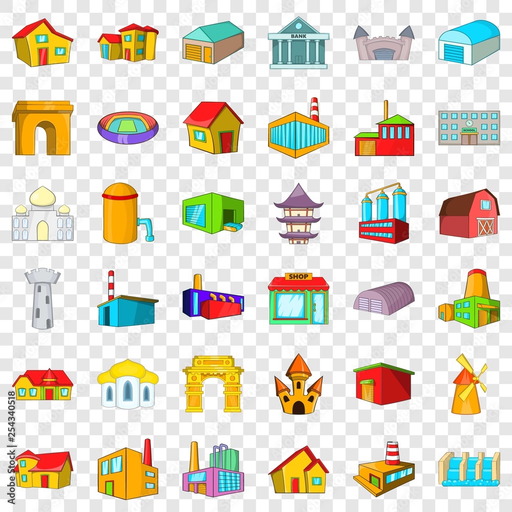 town building icons set. Cartoon style of 36 town building vector icons for web for any design