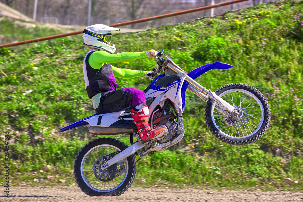 Fototapeta premium biker on motorcycle stunts while driving on the rear wheel side view