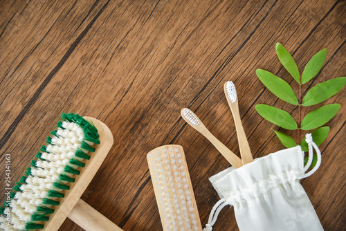 Zero waste Bathroom use less plastic concept   Floor brush   bamboo toothbrush and cotton cloth bag eco