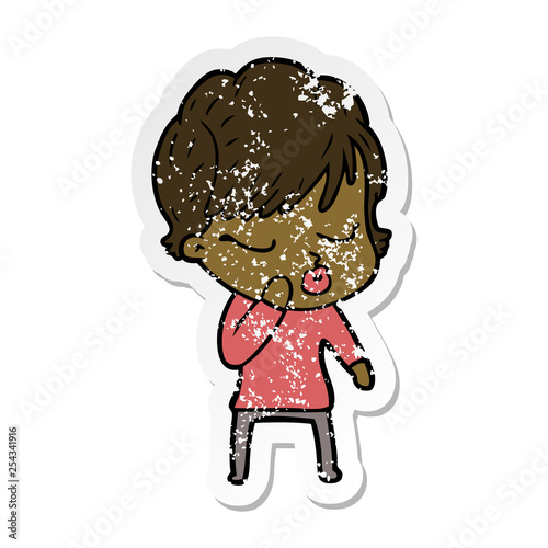 distressed sticker of a cartoon woman with eyes shut