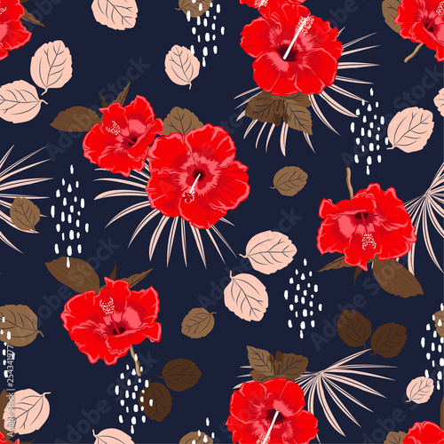 Beautiful seamless vector hibiscus exotic floral pattern, spring summer background with tropical flowers, palm leaves, Hawaiian style design for fashion fabric,wallpaper,web and all prints