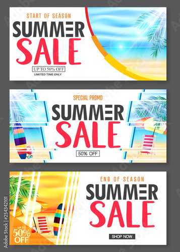 Summer Design Banner with 3D Realistic Beach Resort and Seashore Seascape View with Palm Leaves, Umbrella, Surfboard, Bench, Sunglasses and Beach Ball. For Promotional Purposes