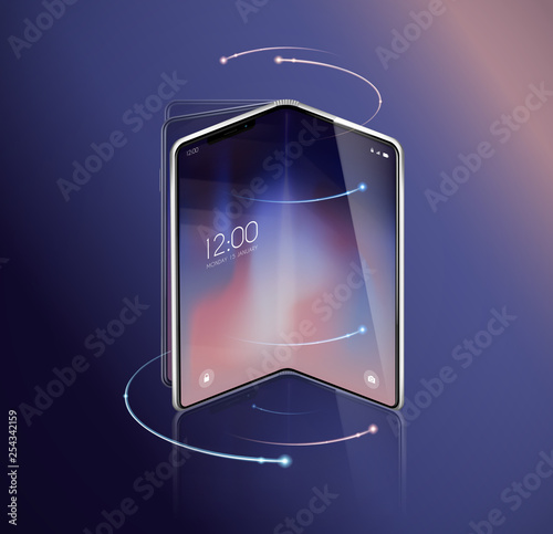 New foldable smartphone concept, prototype with advertisment background and fold, flexible screen. Mobile with background and fold flexible screen. Mockup model for add, branding.
