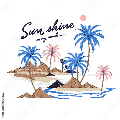 Beautiful vector of summer island relax vibes ,palm, tree, ocean,wave,mountain,beach design for Tshirt,fashion,cover,web and all graphic use