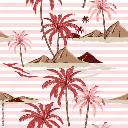 Summer Sweet Seamless tropical island pattern with light pink stripes Trendy hand drawn style . palm tree and leaves illustration oceans vibes design