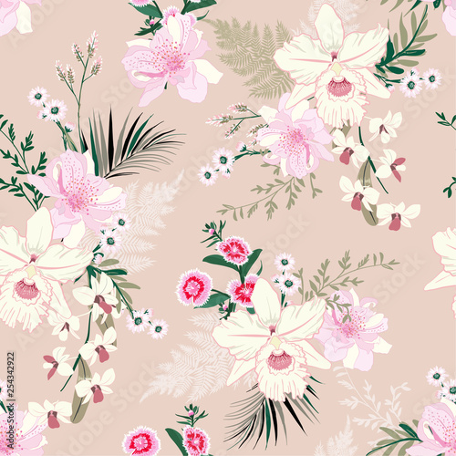 Soft and delicate orchid floral garden flower tropical mood ,seamless pattern in vector design for fashion,fabric,wallpaper, and all prints