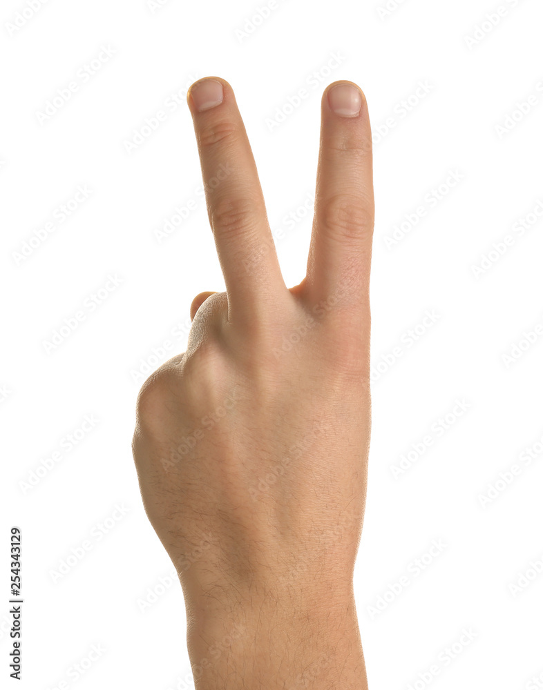 Fototapeta premium Male hand showing two fingers on white background