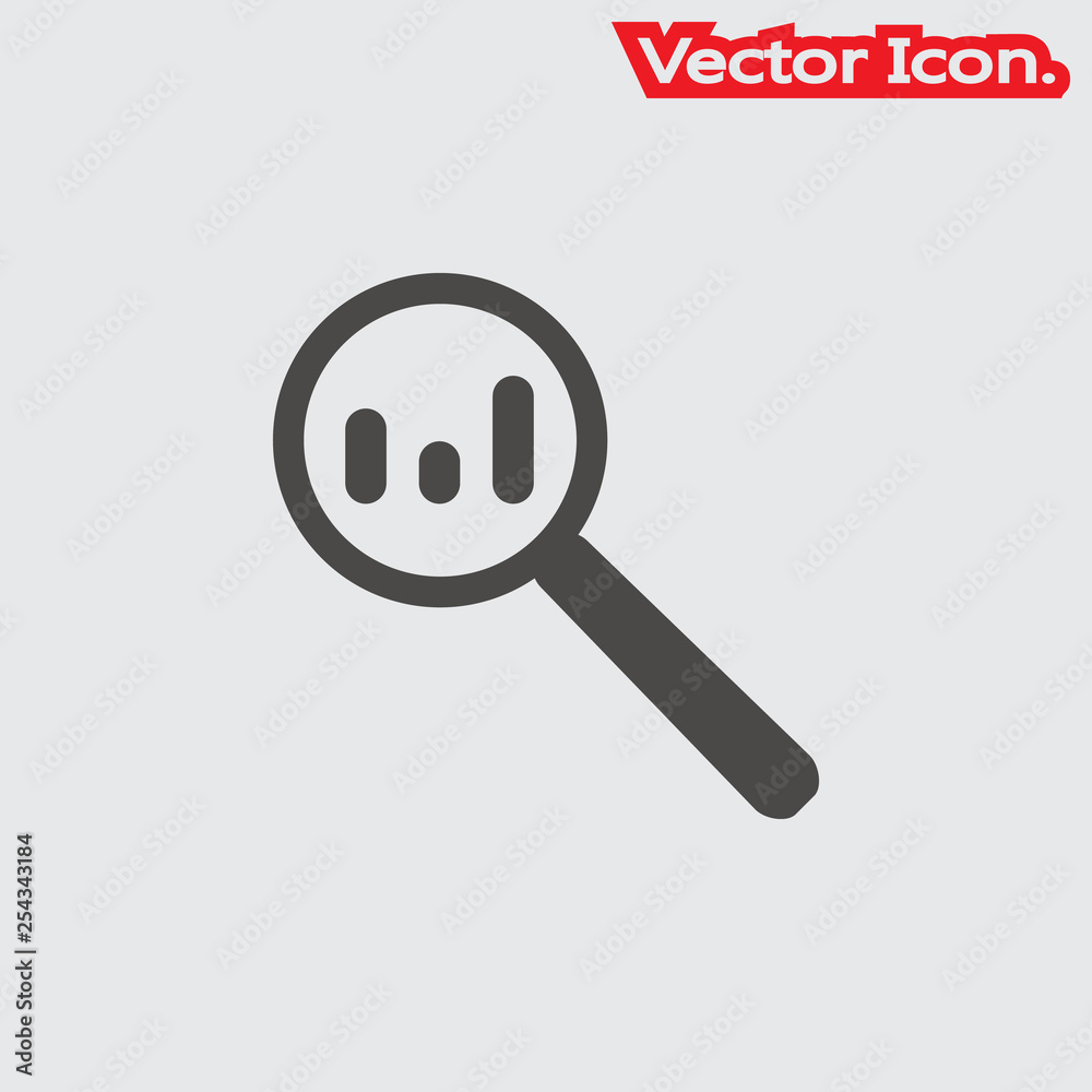 Search data in the graph with a magnifier tool. Icon isolated sign symbol and flat style for app, web and digital design. Vector illustration. Search data in the graph with a magnifier tool. Icon isolated sign symbol and flat style for app, web and digital design. Vector illustration.