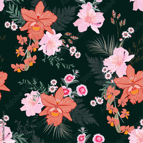 Beautiful hand drawn bloomong tropical forest floral,  seamless pattern with orchid flowers and botanical plants in vector. Illustration design for fashion,fabric,wallpaper,web and all prints