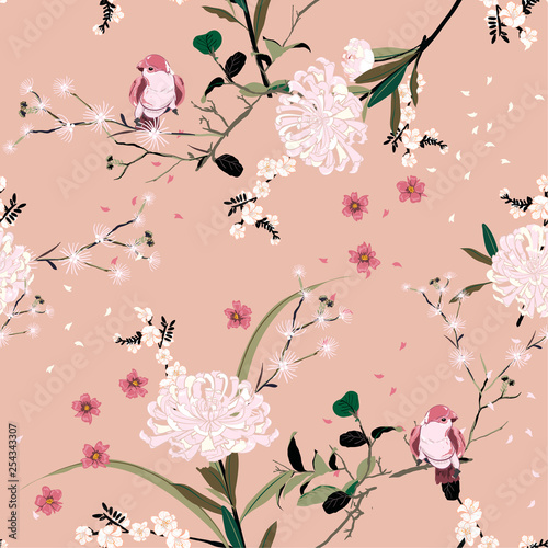 Sweet mood of oriental garden flower with blooming botanical and cherry bloosom florals seamless pattern vector design for fashion ,fabric,wallpaper, and all prints