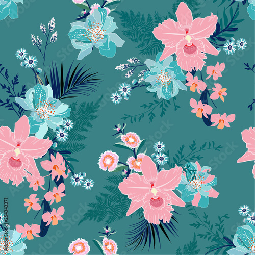 Summer Tropical floral mood seamless vector pattern with exotic orchid flowers, palm leaves, jungle leaf, Botanical wallpaper illustration in hand drawn style